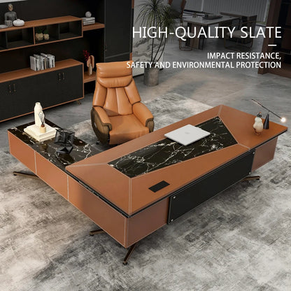 Executive Desk, Office desk Computer Desk Orange Leather Finshed Modern L Shape Boss desk Workstation Business Furniture Table