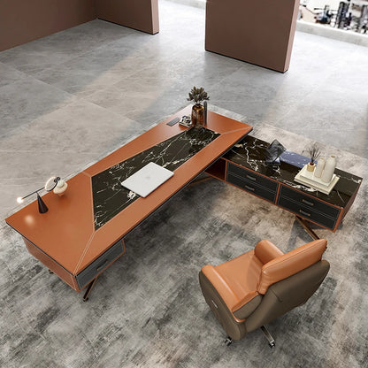 Executive Desk, Office desk Computer Desk Orange Leather Finshed Modern L Shape Boss desk Workstation Business Furniture Table