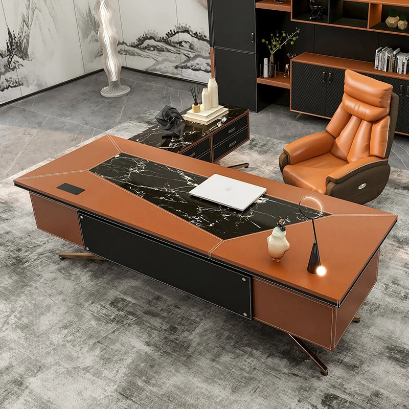 Executive Desk, Office desk Computer Desk Orange Leather Finshed Modern L Shape Boss desk Workstation Business Furniture Table