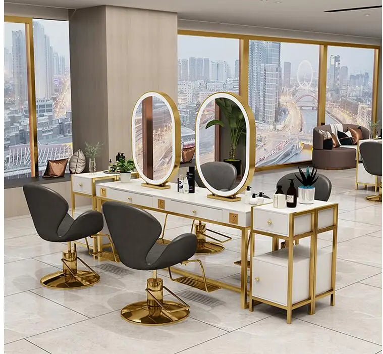 Barber shop marble desktop mirror net celebrity beauty salon mirror table hair salon special mirror table with light integrated