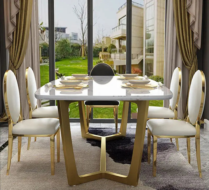 designer unique new stainless steel golden dining room set with marble table and 6 leather chairs mesa de jantar muebles comedor