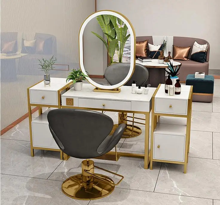 Barber shop marble desktop mirror net celebrity beauty salon mirror table hair salon special mirror table with light integrated