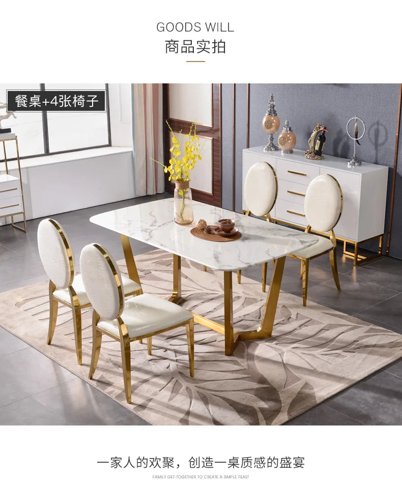 designer unique new stainless steel golden dining room set with marble table and 6 leather chairs mesa de jantar muebles comedor