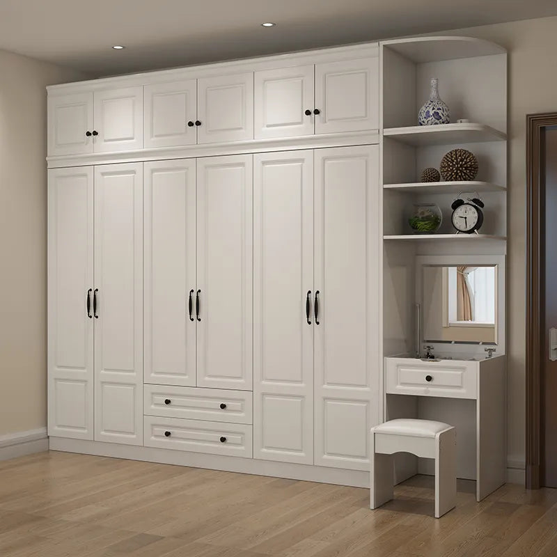 Wardrobe and Top Cabinet Simple Modern Economical Plate-Type White Cabinet Wooden 6-Door Wardrobe furniture