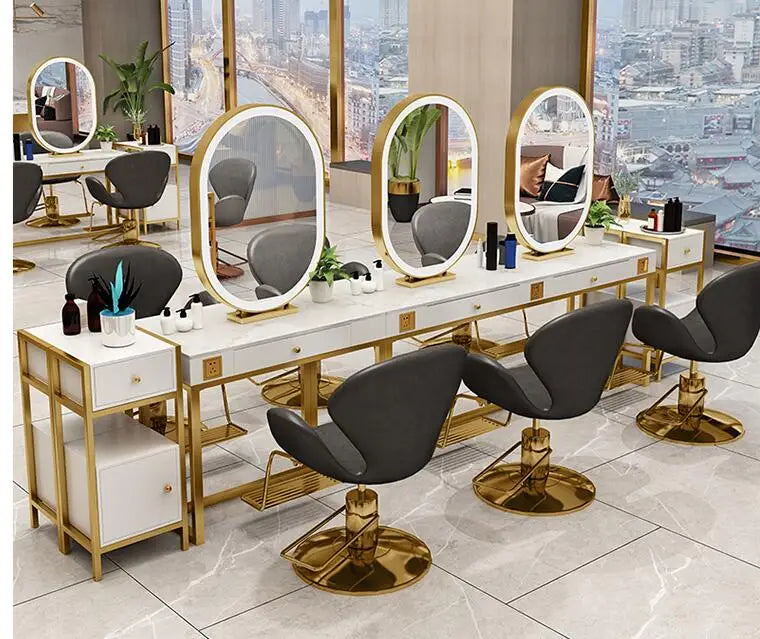 Barber shop marble desktop mirror net celebrity beauty salon mirror table hair salon special mirror table with light integrated