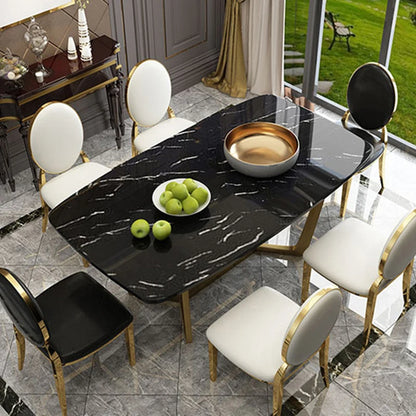 designer unique new stainless steel golden dining room set with marble table and 6 leather chairs mesa de jantar muebles comedor