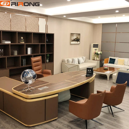 Lxury Itay Design Home Office Study Room Brown Chocolate Standing Leather Wooden Desk Office Desktop Executive Table Desk Set