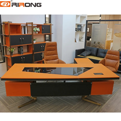 Modern Design Black Brown Orange Leather Wood Furniture Custom Office Executive Desktop Table Study Office Computer Table Desk