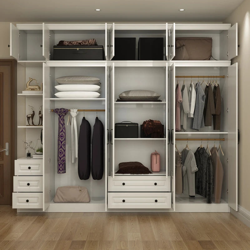 Wardrobe and Top Cabinet Simple Modern Economical Plate-Type White Cabinet Wooden 6-Door Wardrobe furniture