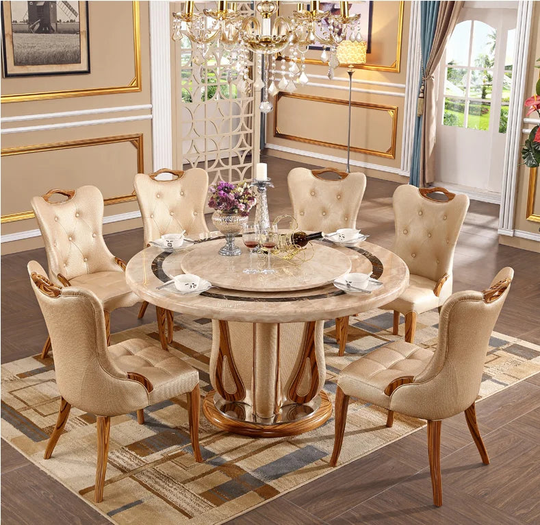 European marble round table European light yellow villa table and chair combination household dining table restaurant luxury din