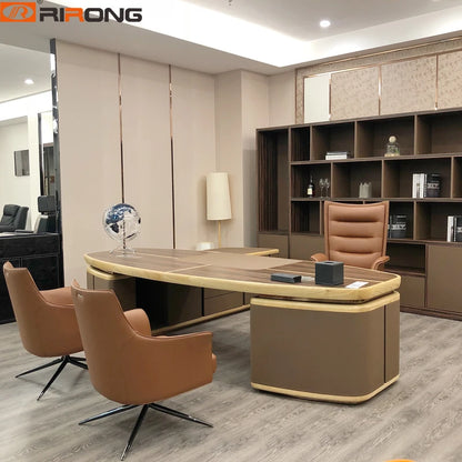 Lxury Itay Design Home Office Study Room Brown Chocolate Standing Leather Wooden Desk Office Desktop Executive Table Desk Set