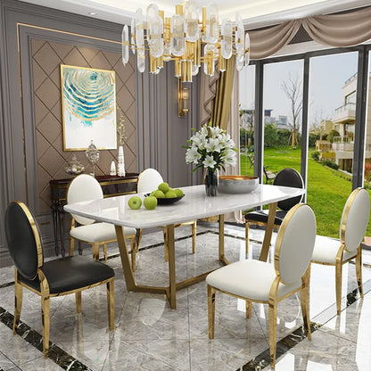 designer unique new stainless steel golden dining room set with marble table and 6 leather chairs mesa de jantar muebles comedor