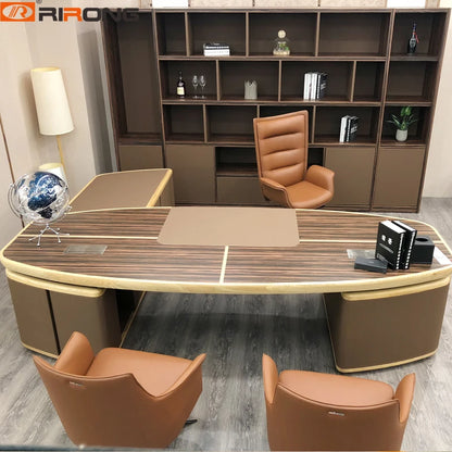 Lxury Itay Design Home Office Study Room Brown Chocolate Standing Leather Wooden Desk Office Desktop Executive Table Desk Set