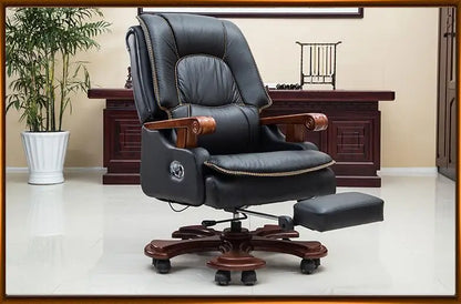 Solid wood study chair reclining boss chair home office chair leather leisure computer chair swivel chair.