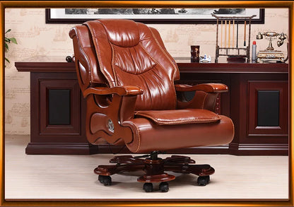 Solid wood boss chair. Leather of large chair lift massage can lie cowhide computer chair