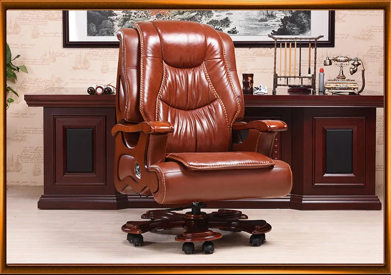 Solid wood boss chair. Leather of large chair lift massage can lie cowhide computer chair