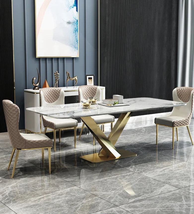 Nordic marble luxury dining table and chair combination Post-modern minimalist Italian dining table stainless steel rectangular