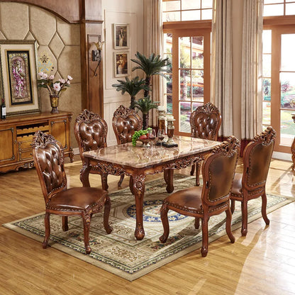 Antique Color Marble Dining Table and Chair European-style Long Luxury Villa Solid Wood Carved