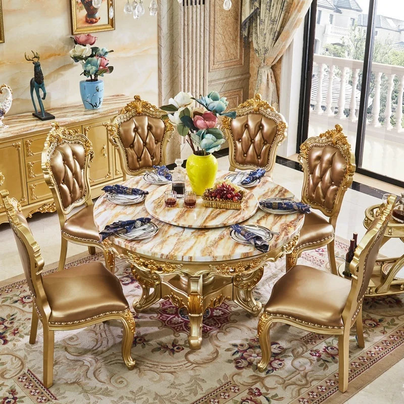 marble dining table sends turntable solid wood round table luxury noble golden dining table and chair combination table