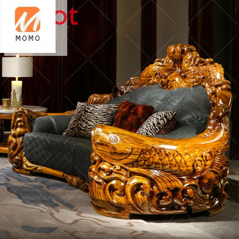 Chesterfield Sofa High-End Luxury Ugyen Wood Solid Wood JINLONGYU Carved European Style Villa Sofa Leather Sofa home furniture