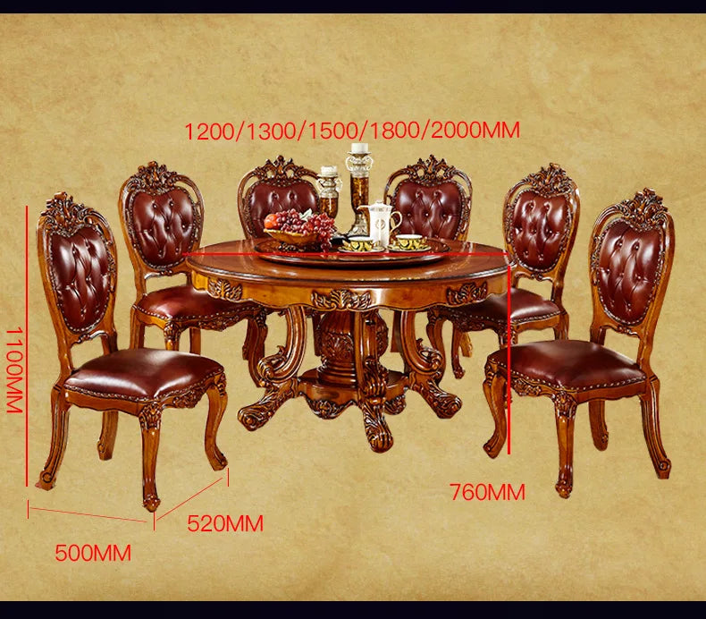 European dining table chairs combined with solid wood carved marble round table with turntable high-end luxury log round table