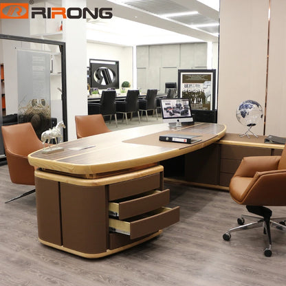 Lxury Itay Design Home Office Study Room Brown Chocolate Standing Leather Wooden Desk Office Desktop Executive Table Desk Set