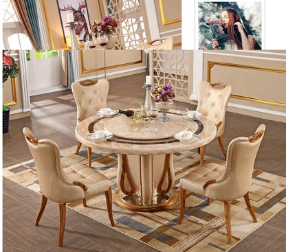 European marble round table European light yellow villa table and chair combination household dining table restaurant luxury din