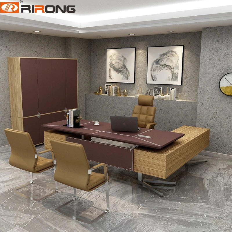 Modern Design Black Brown Orange Leather Wood Furniture Custom Office Executive Desktop Table Study Office Computer Table Desk