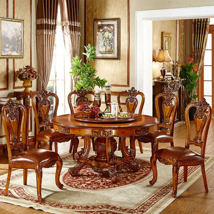 European dining table chairs combined with solid wood carved marble round table with turntable high-end luxury log round table