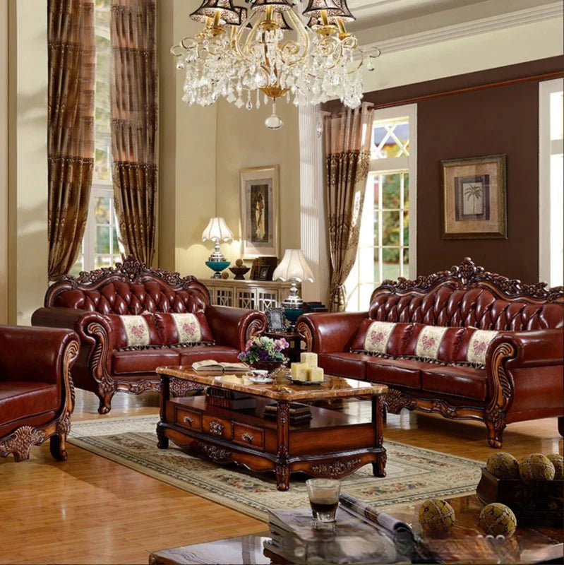 European leather sofa villa size living room luxury combination carved American leather sofa