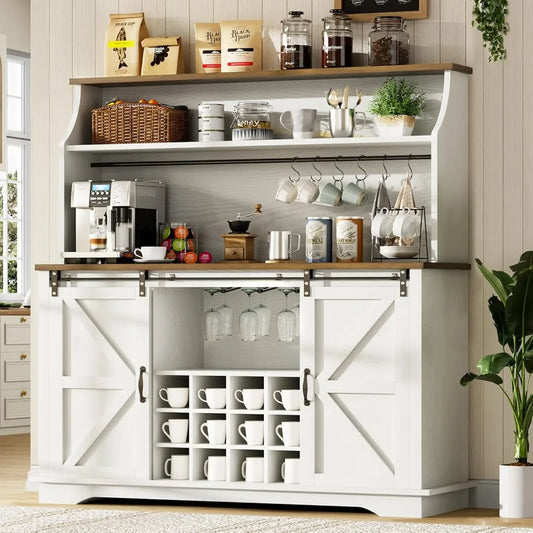 55" Farmhouse Coffee Bar with 3-Tier Storage, Kitchen Hutch Storage Cabinet with 6 Hooks, Wine Bar Cabinet with 12 Wine Racks