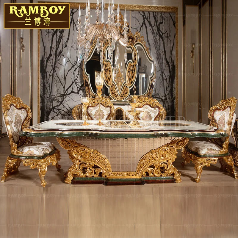 European solid wood carved luxury dining tables and chairs French palace villa luxury gold foil painted table customization