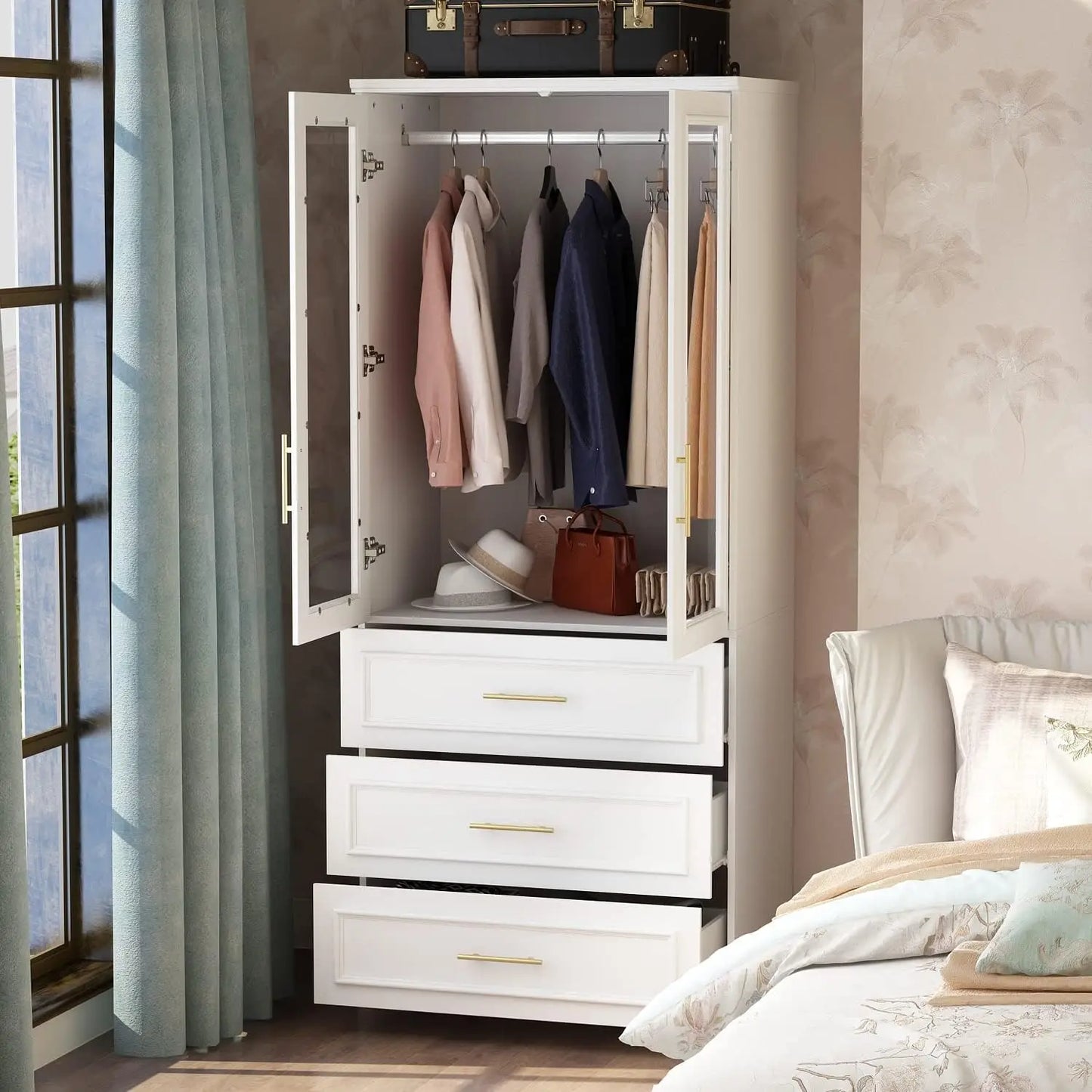 With Door Wardrobe Armoire Closet, Wardrobe Storage Cabinet with Tiers Shelf & Hanging Rod, Slim Narrow Wardrobe Armoire Dresser