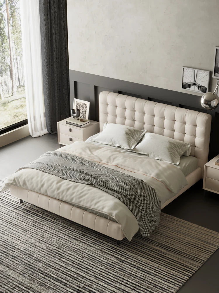 Leather bed, light luxury solid wood upholstery, master bedroom, queen bed, double bed, marriage bed, cloud yoyo bed