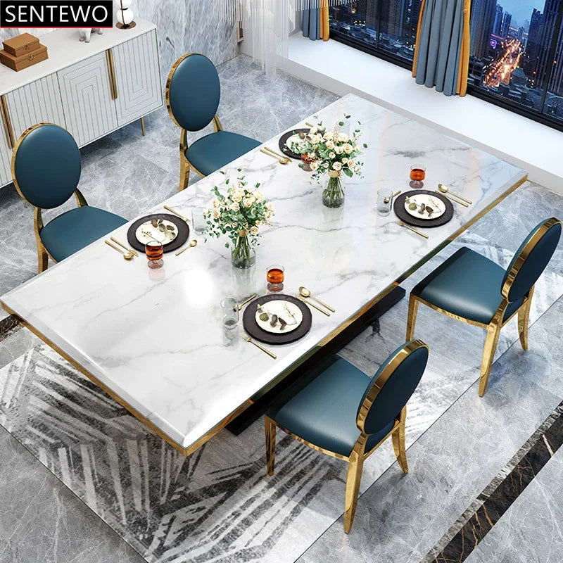 SENTEWO Luxury Marble Dining Table and 8 Dinning Chairs Stainless Steel Golden Leg Frame Dinner Table Chair Set Haute De Cuisine