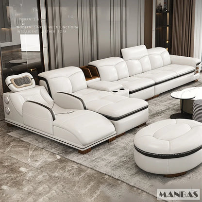 Luxury L-Shaped Genuine Leather Sectional Sofa with Bluetooth Speaker - Linlamlim Living Room Italian Leather Couch with Massage