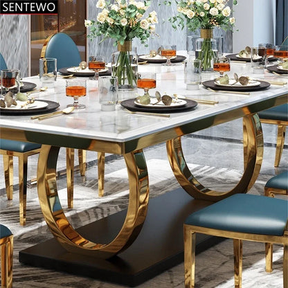 SENTEWO Luxury Marble Dining Table and 8 Dinning Chairs Stainless Steel Golden Leg Frame Dinner Table Chair Set Haute De Cuisine