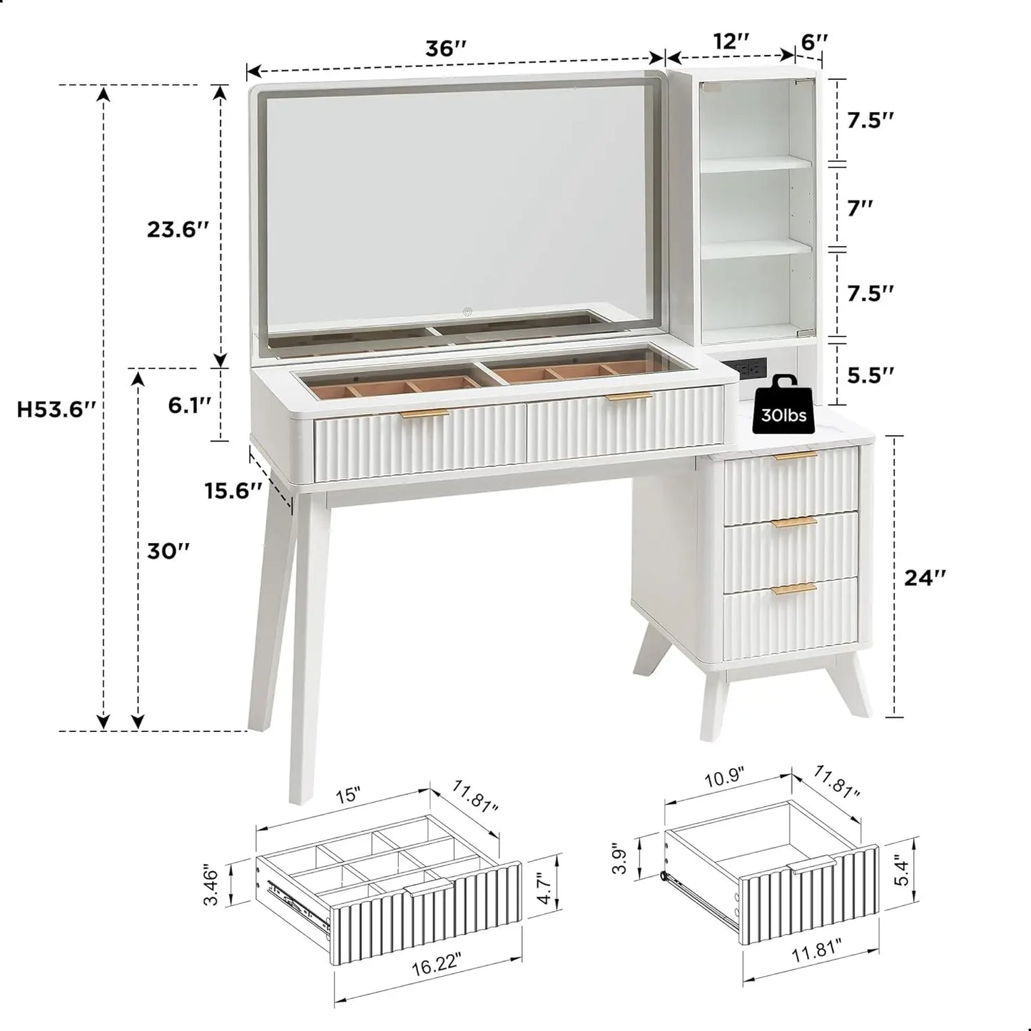 Fluted Makeup Vanity Desk with Large 36" Mirror and Lights,with 3/5 Drawers & Adjustable Shelves,Charging Station for Bedroom