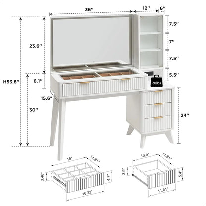 Fluted Makeup Vanity Desk with Large 36" Mirror and Lights,with 3/5 Drawers & Adjustable Shelves,Charging Station for Bedroom