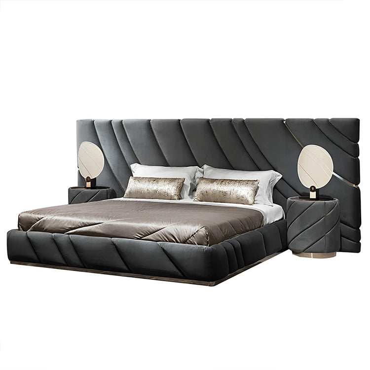 Luxury bedroom furniture set Italian customized leather big headboard up-holstered bed frame modern king size bed