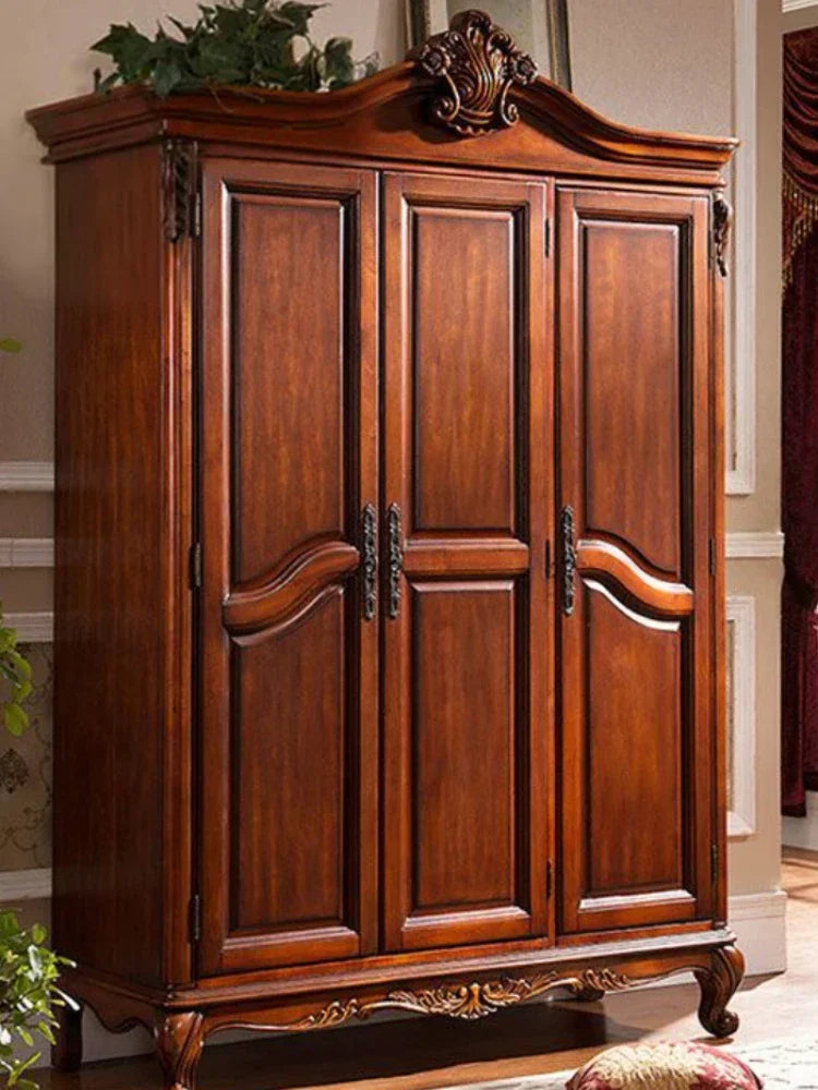 Solid Wood Carved Wardrobe Luxury Room Slide Door Wardrobe Country Bedroom Three-Door Wardrobe bedroom furniture commode chambre