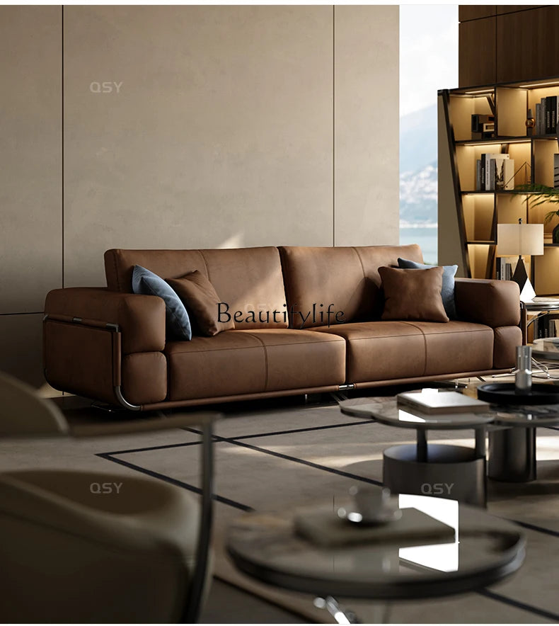 New Italian Style Full Leather Sofa Designer Model Light Luxury Large Apartment Soft Cushion Leather Furniture