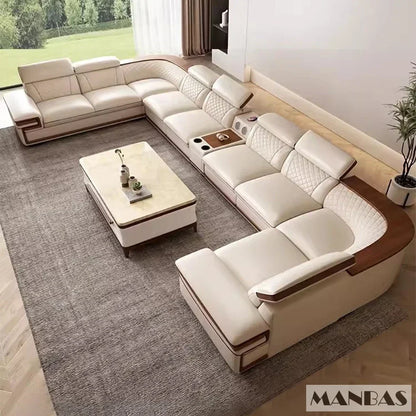 Linlamlim Premium Italian Genuine Leather Sofa Set for Living Room with Adjustable Headrests, Bluetooth Speaker, Wireless Charge