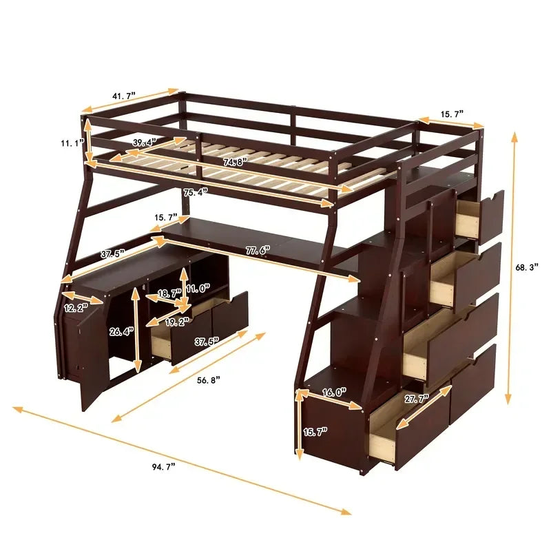 Espresso Twin Size Loft Bed with with 7 Drawers 2 Shelves and Desk Easy to assemble for indoor bedroom furniture