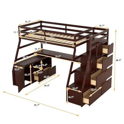 Espresso Twin Size Loft Bed with with 7 Drawers 2 Shelves and Desk Easy to assemble for indoor bedroom furniture