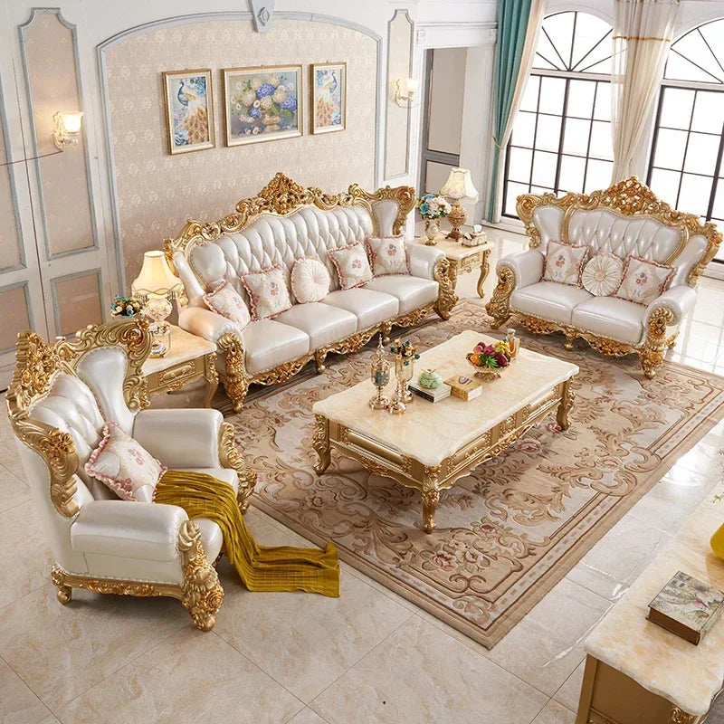 European leather sofa combination living room cowhide sofa large solid wood carved gold