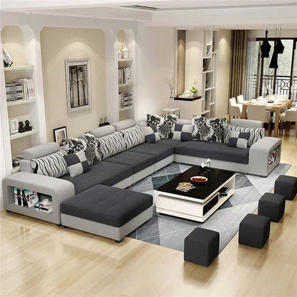 New European Luxury Living Room Sofas 7 Seater U Shaped Home Furniture Wooden Fabric Armchair Corner Recliner Sectional