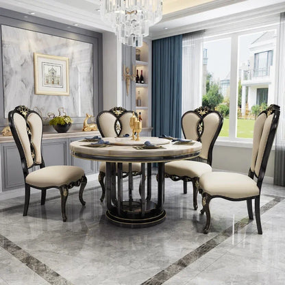 American light luxury solid wood round table luxury ebony European marble dining table and chair combination 6-person