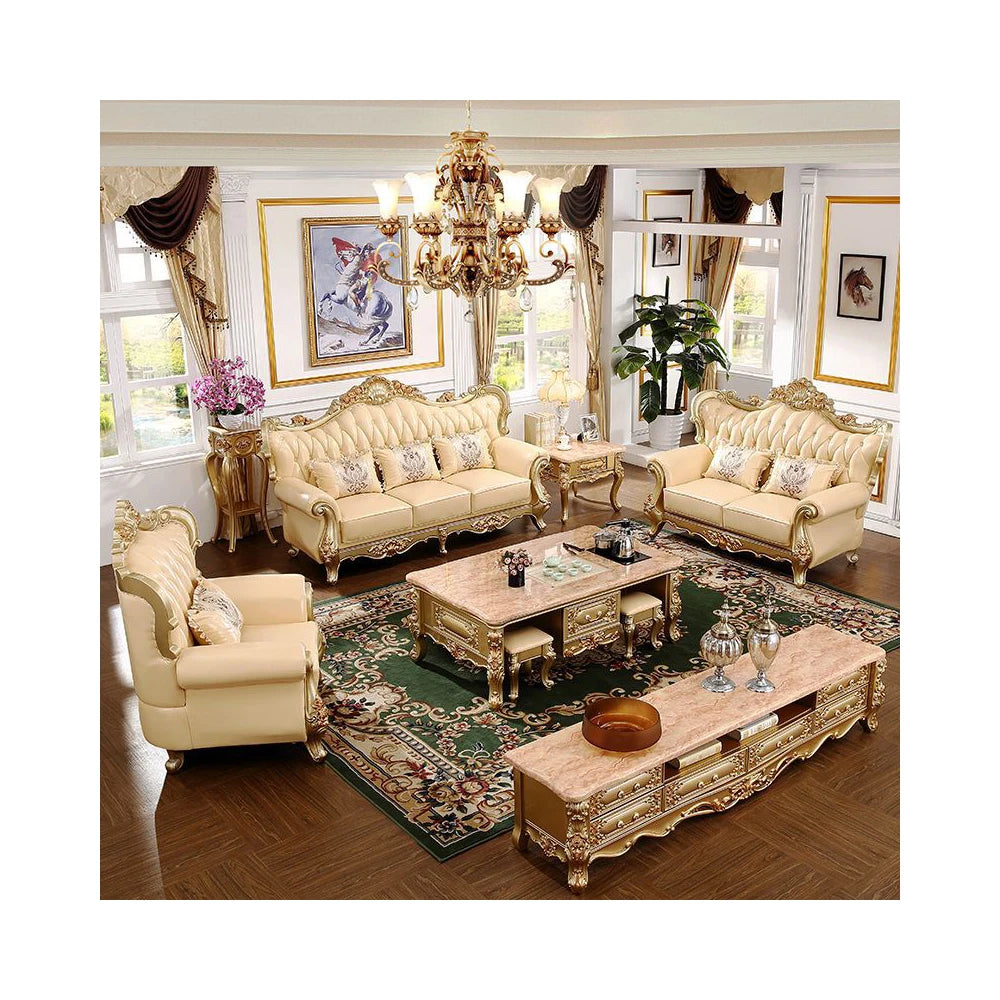 19 piece setEuropean luxury Carved With Gold Color solid wood carved sofa French Royal living room furniture wooden sofa set