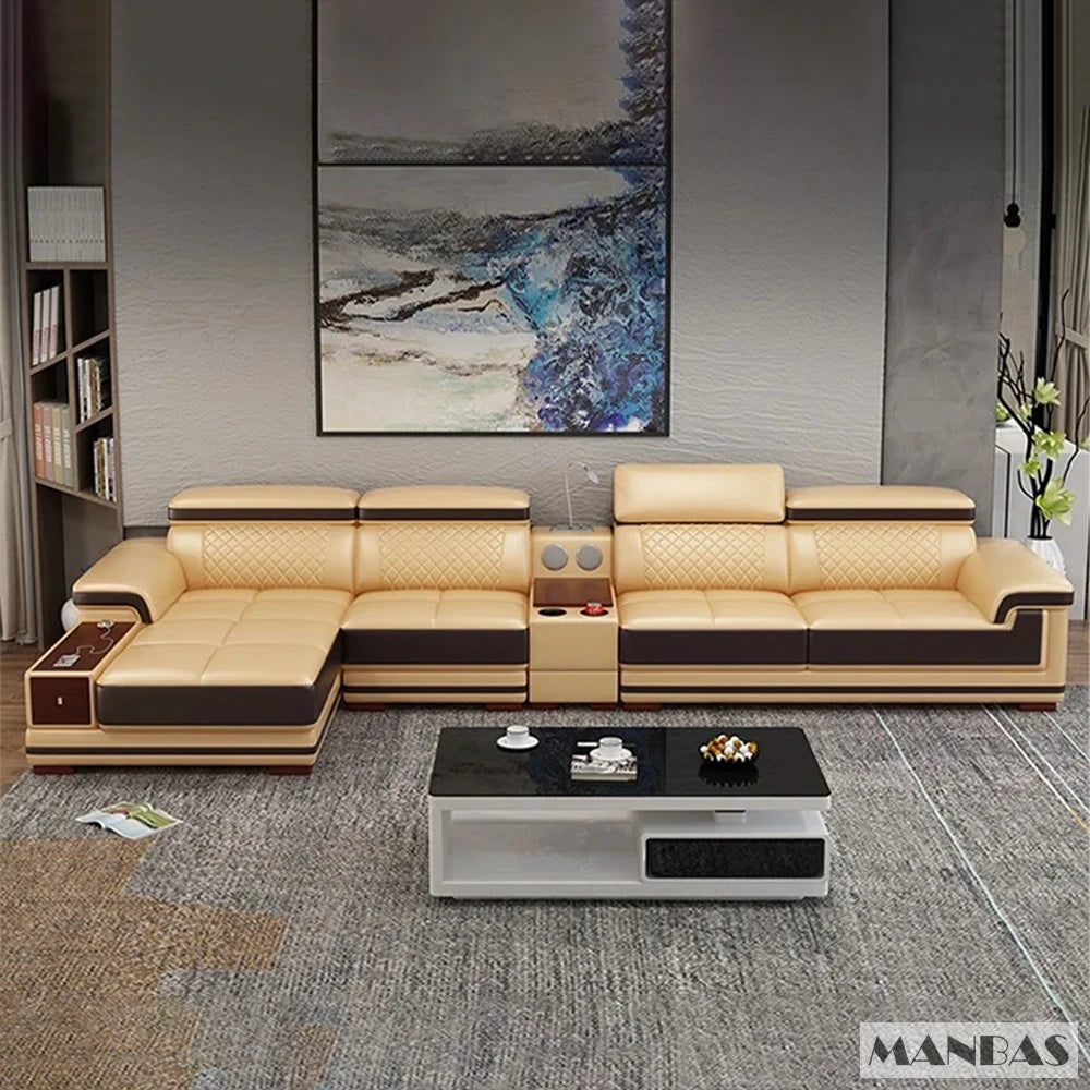 Elegant Living Room Sofas - MINGDIBAO Italian Genuine Leather Sectional Sofa Set with Adjustable Headrests and Bluetooth Speaker